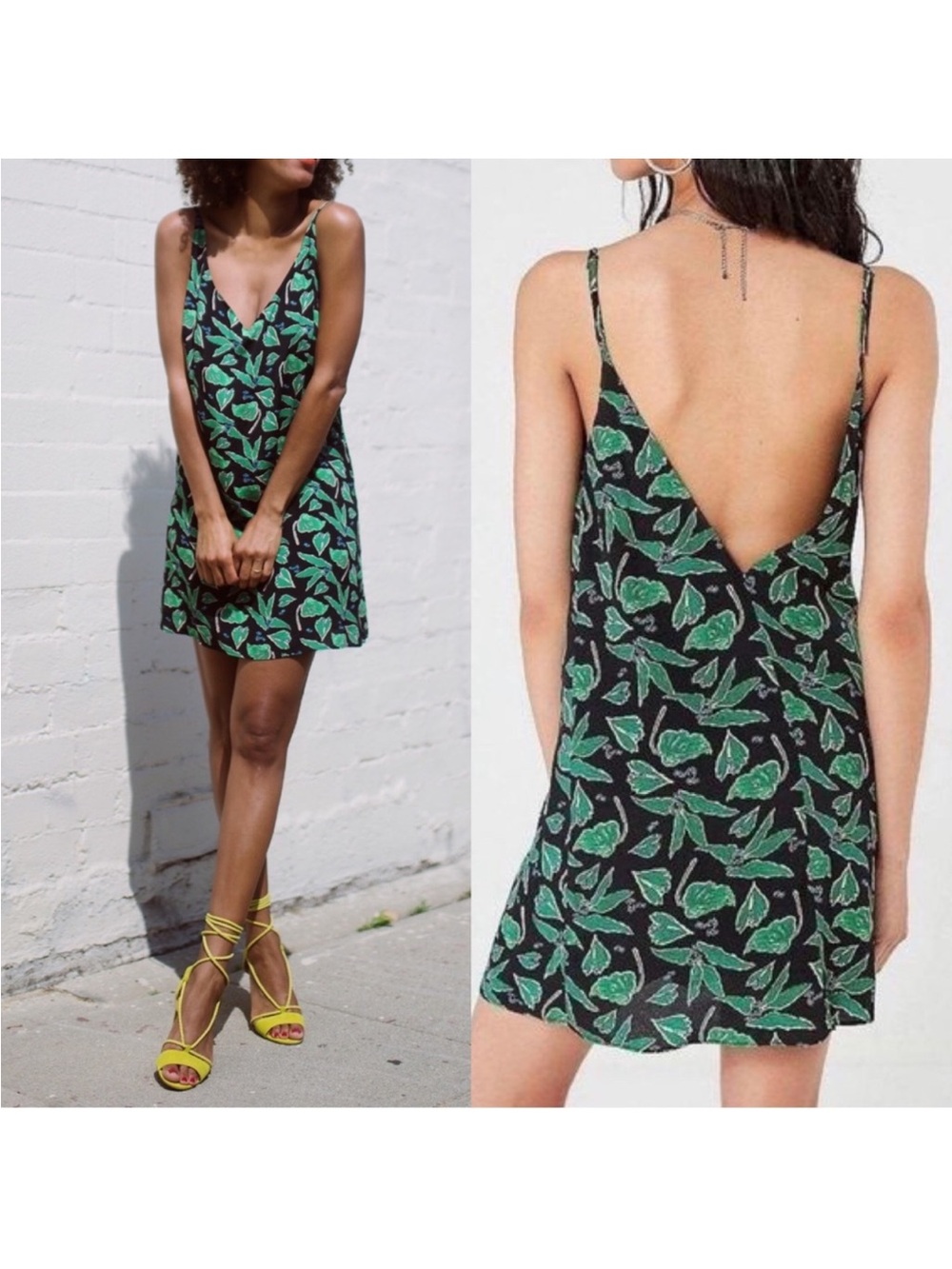 Urban Outfitters Black Mini Dress with Green Leaf Print